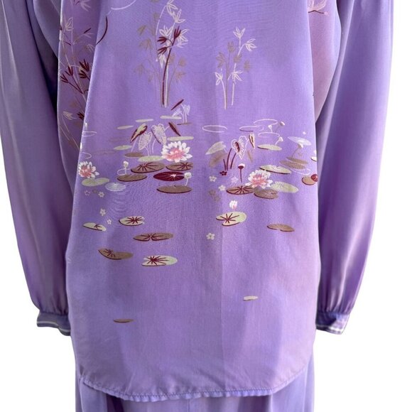 Richard Peters Vintage Lilac Silk Floral Tie Neck Blouse Pleated Midi Skirt Set - Picture 10 of 16